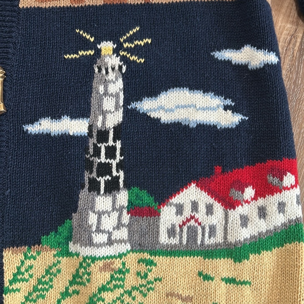 Vintage PBJ Sport Navy Blue Lighthouse Nautical Novelty Cardigan Size Large - Picture 6 of 16